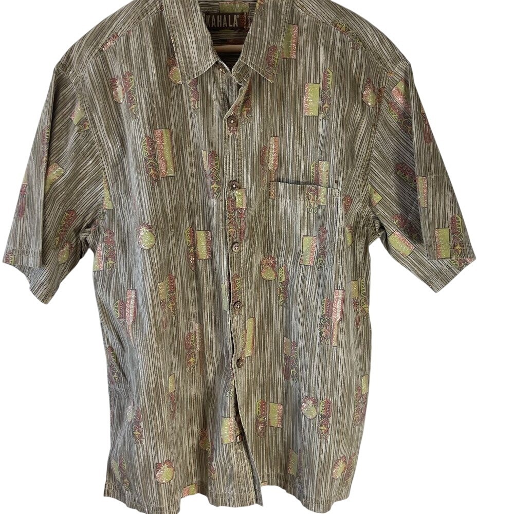 Kahala 1936 Tan/BrownTropical Stripe Print Casual Button Down Shirt Sz …